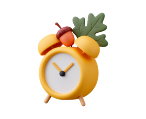 Whimsical orange alarm clock with acorn and leaf decor on transparent background, PNG	