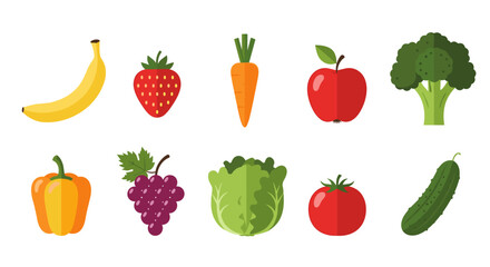 Illustration of various fruits and vegetables including banana strawberry and broccoli on white background