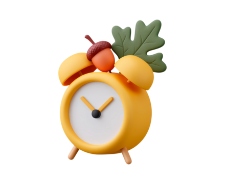 Whimsical orange alarm clock with acorn and leaf decor on transparent background, PNG	 - Powered by Adobe