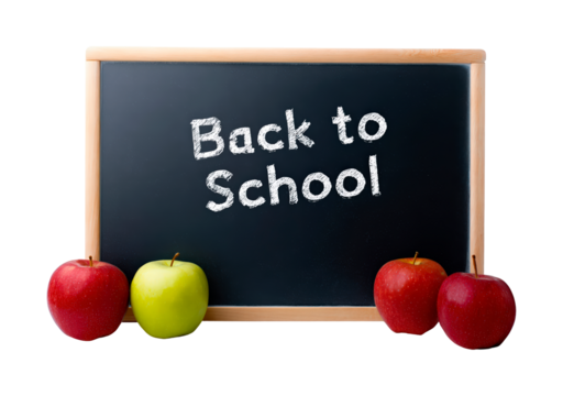 Back to school chalkboard with apples on display on transparent background, PNG	