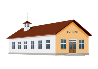 Classic schoolhouse with red roof and clock tower on transparent background, PNG	