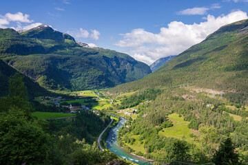 Naklejka premium Beautiful view of lake and mountains from sognefjellsvegen road between Fortun and Krossbu (Norway)