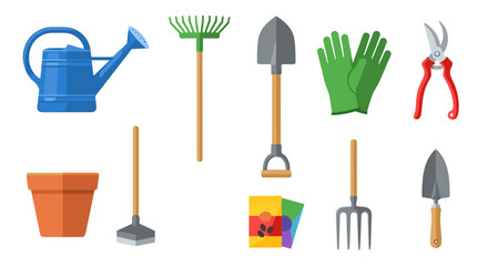 Illustration of gardening tools including watering can shovel rake and other gardening equipment items