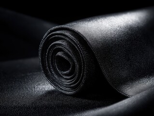 Luxurious black fabric roll catches dramatic light, showcasing elegant texture and sophisticated sheen