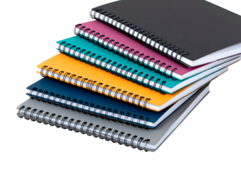 Stack of colorful spiral notebooks on transparent background, PNG	