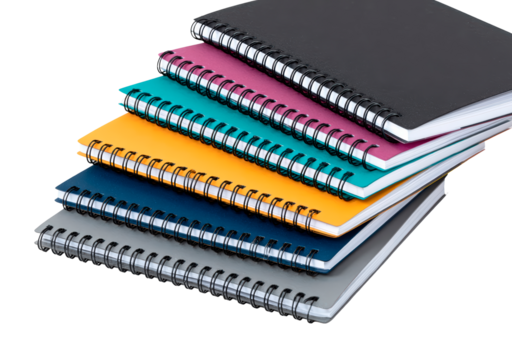 Stack of colorful spiral notebooks on transparent background, PNG	