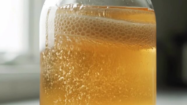 A Timelapse of Kombucha Fermenting in a Glass Jar Showing the SCOBY and Healthy Probiotic Bubbles