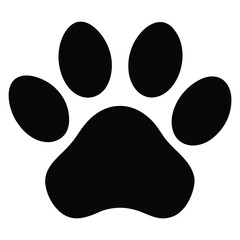 A black paw print with five toes and a large pad on a white background animal