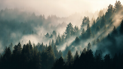 Expansive mist-covered valley with towering fir trees, layers of atmospheric fog drifting through the forest, golden morning light filtering softly