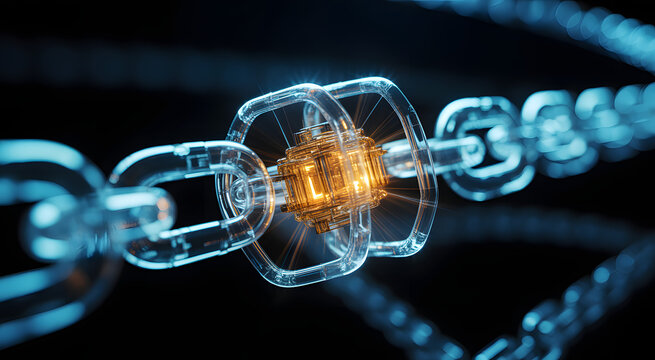 Cybernetic Chain: A glowing centerpiece powers a network, symbolizing digital interconnectedness, cryptography and blockchain technology in this abstract, high-tech depiction.