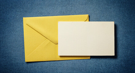 yellow envelope with blank white card on blue background