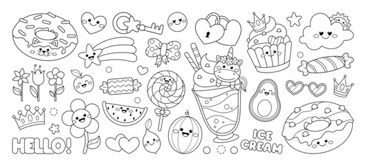 Set of kawaii illustrations on the theme of sweets. Vector illustration