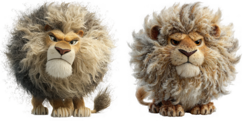 Two cute cartoon lions with fluffy manes, isolated on transparent background