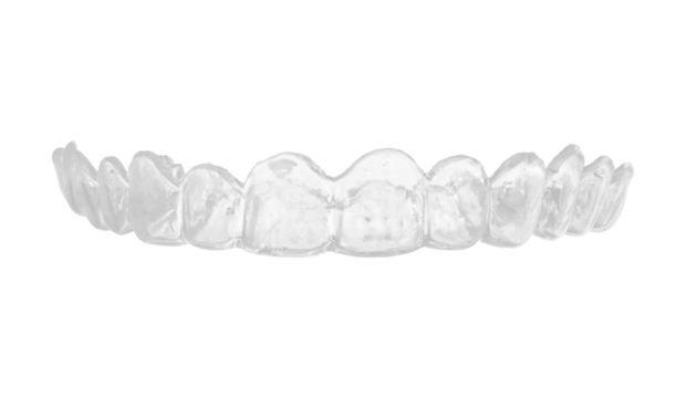 High resolution transparent dental mouth guard with smooth glossy surface and detailed tooth impressions, photographed from the front against white background with minimal shadows, studio lighting