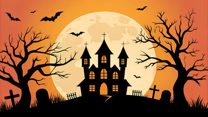 Spooky halloween castle silhouette under a giant full moon with bats and graveyard