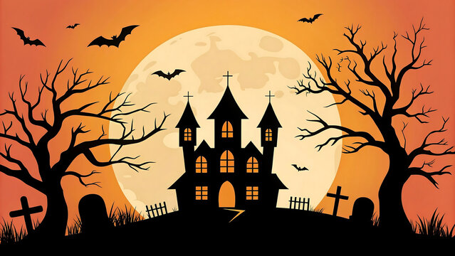 Spooky halloween castle silhouette under a giant full moon with bats and graveyard