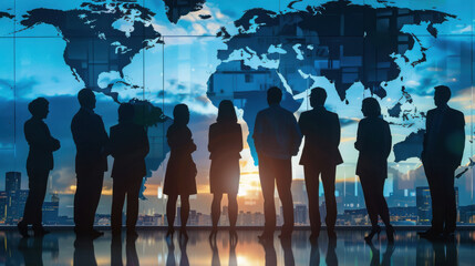 Obraz na płótnie Canvas Silhouette of business team standing before a world map in a modern office space with city view