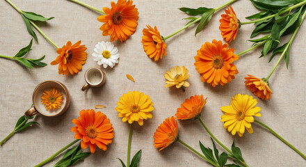 top view of spring flowers on beige background, panoramic shot
