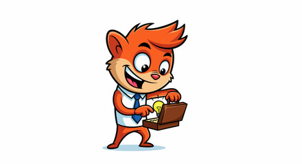 Fototapeta premium Cartoon character with business attire holding open briefcase revealing bright light bulb idea
