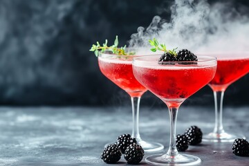 Three elegant cocktails with vibrant red liquid, garnished with blackberries and herbs, creating a refreshing and sophisticated atmosphere for celebrations and gatherings