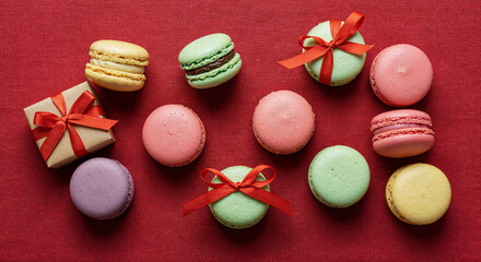 assorted delicious colorful french macaroons with bow on red background