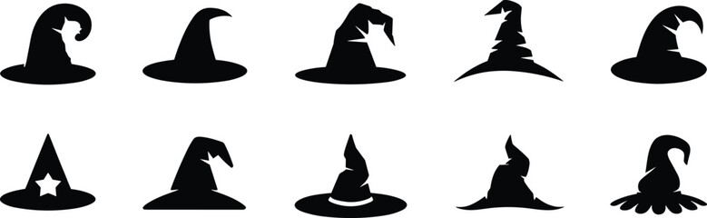 Halloween witch hat vector silhouettes with stars, curves, jagged edges, spooky shapes, costume design elements
