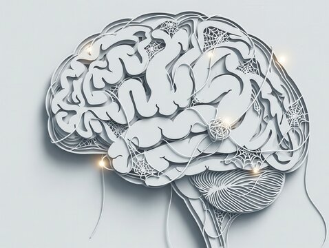 The complexity of thought visualized as a 3D brain made of intricate, layered lines, a metaphor for neural pathways
