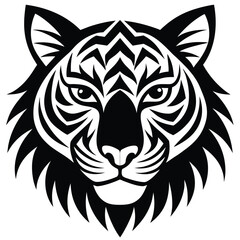 Black Silhouette of a Tiger's Head with Stripes and Mane on a White Background big cat feline