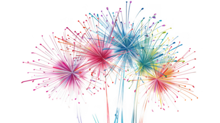 Colorful abstract fireworks exploding in a festive celebration, isolated on transparent background
