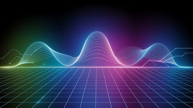 Abstract glowing waveform over a digital grid technology - Powered by Adobe