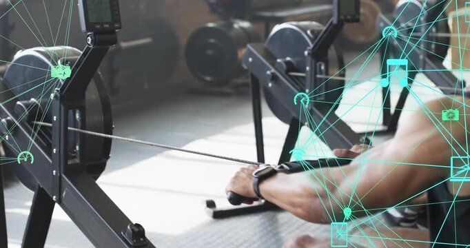 Athlete gripping rowing handle initiating syncing strokes with pulsing overlay for fitness tracking