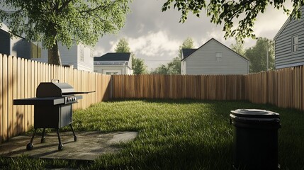 A 3D rendering of a backyard featuring a black grill, green grass, and a wooden fence, ideal for outdoor cooking and barbecue scenes, ideal for advertising, marketing, website backgrounds, banners