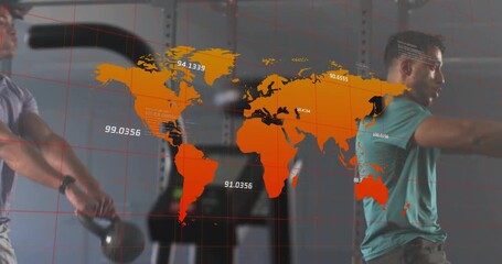 Two men swinging kettlebell alternately after partner joining with world map showing fitness data - Powered by Adobe