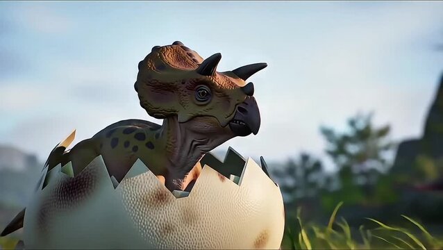 video of a baby dinosaur hatching from an egg in soft morning light