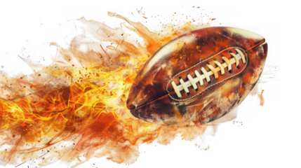 American football ball with fiery flames isolated on transparent background