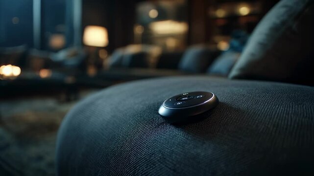 Closeup medium shot focusing on the haptic sofa lounge controller softly lit as it syncs seat vibrations with blurred adrenalinepumping film moments showcasing tactile movie