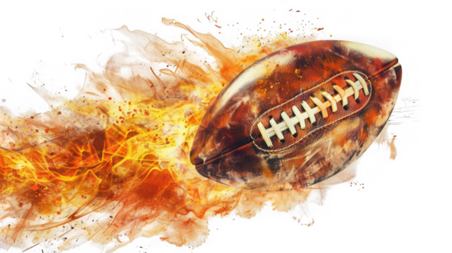 American football ball with fiery flames isolated on transparent background