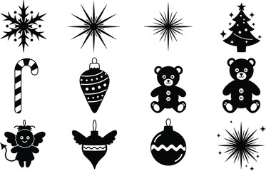 Black and white Christmas icons with ornaments, tree, angel, teddy bear, snowflake, candy cane