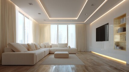 Fototapeta premium Modern living room with off-white decor, hardwood floors, and indirect lighting