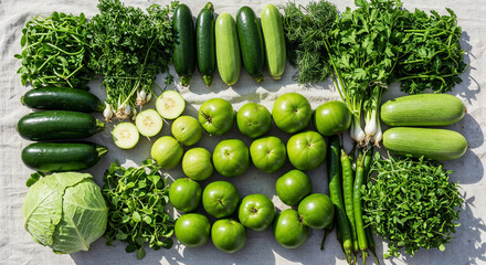 top view of green nutritious vegetables on white background with copy space