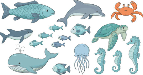 Cartoon Sea Creatures Vector Set, Colorful Marine Life Illustrations for Kids, Education and Ocean-Themed Designs