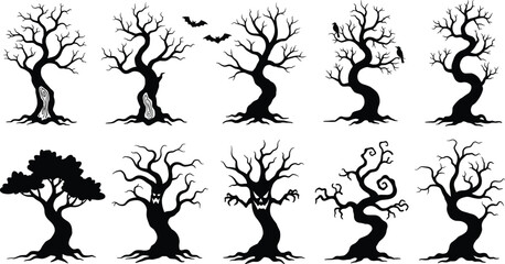 Spooky Halloween Tree Silhouettes for Haunted Forest Decor, Creepy Vector Illustrations, Eerie Night Design Elements
