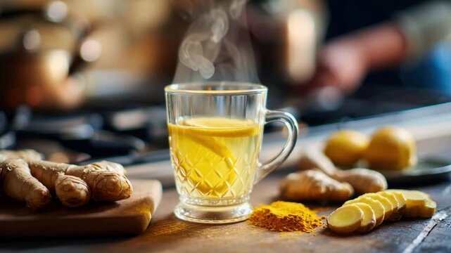 Steaming glass cup with warm lemon water and turmeric, surrounded by sliced ginger