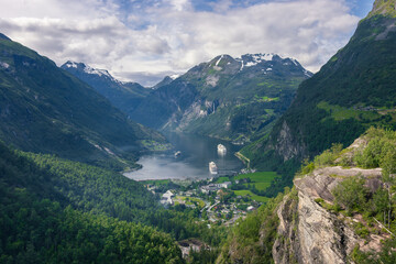 Beautiful view of Geiranger fjord from Dalsnibba and Flydalsjuvet viewpoint (Norway)