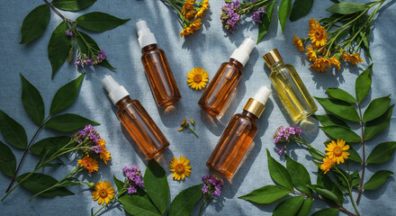 organic cosmetic products with green leaves and flowers in transparent bottles isolated on blue