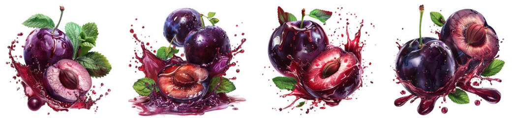 Four watercolor illustrations of fresh ripe plums with juicy splashes and green leaves, isolated on transparent background