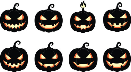 Black Halloween Jack-o'-Lantern Faces with Scary Expressions, Vector Pumpkin Silhouettes for Spooky Design Projects