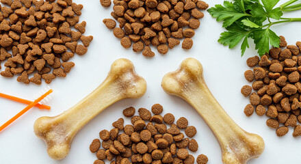 top view of assorted dry pet food and bones isolated on white, panoramic shot