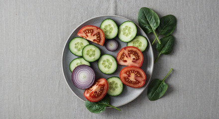 background with sliced tomatoes, cucumbers, red onions and green spinach leaves on grey