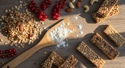 Wooden spatula with granola next to redcurrants, nuts and cereal bars on wooden background,